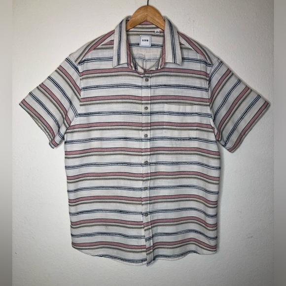 ROWM Stripe 100% Cotton Button Up Shirt Light Beach Woven Fabric Size: XL - Picture 3 of 11